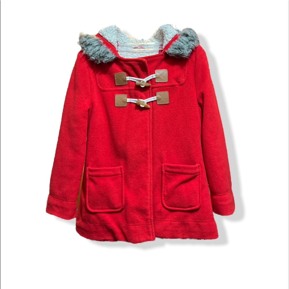 Old Navy Girls Fleece Fur Red Peacoat Jacket Hooded Long Fuzzy Cute Medium